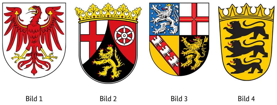Abbildung zur Frage: Welches Wappen gehört zum Bundesland Brandenburg? Vier Bilder, nummeriert von 1 bis 4.