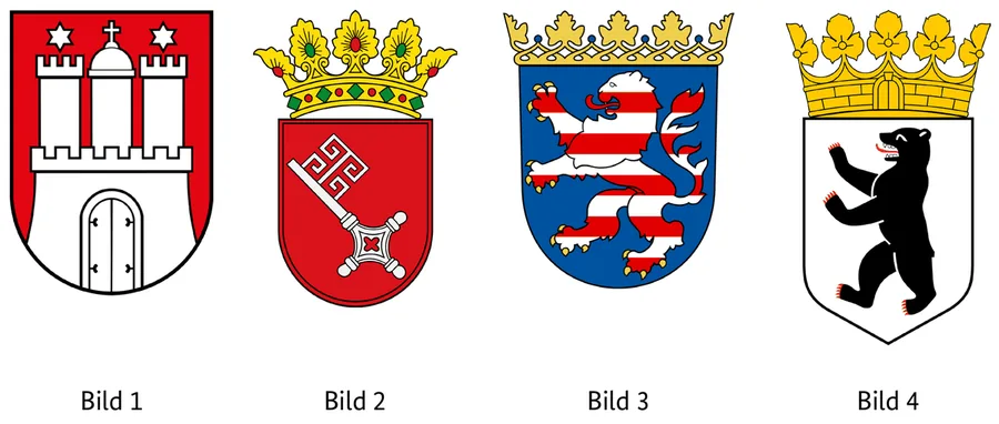 Abbildung zur Frage: Welches Wappen gehört zum Bundesland Berlin? Vier Bilder, nummeriert von 1 bis 4.
