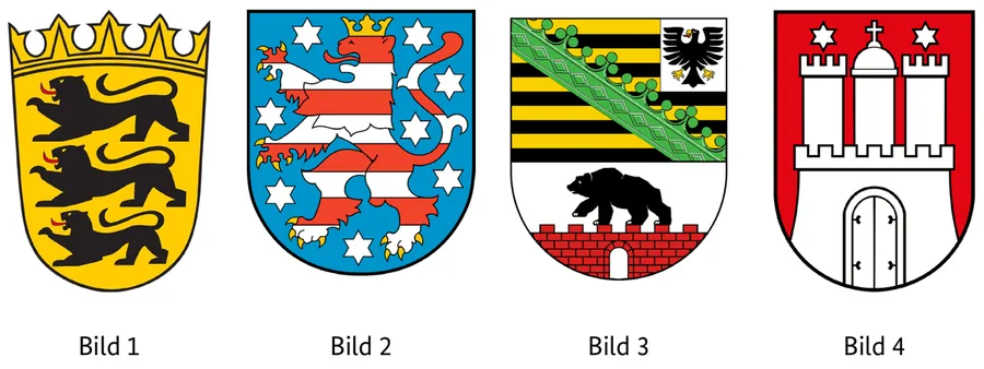 Abbildung zur Frage: Welches Wappen gehört zum Bundesland Baden-Württemberg? Vier Bilder, nummeriert von 1 bis 4.