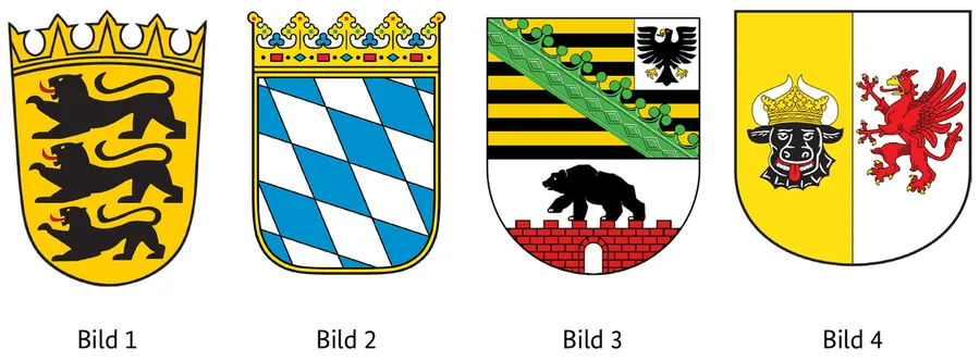 Abbildung zur Frage: Welches Wappen gehört zum Freistaat Bayern? Vier Bilder, nummeriert von 1 bis 4.