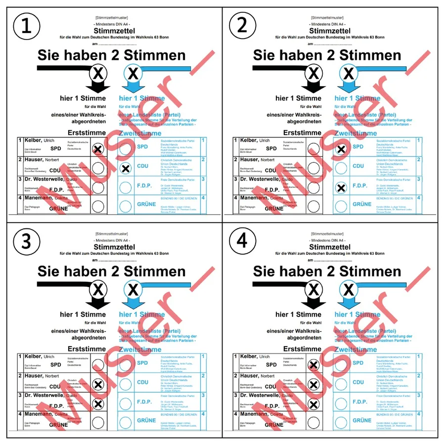 Abbildung zur Frage: Welcher Stimmzettel wäre bei einer Bundestagswahl gültig?