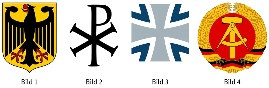 Abbildung zur Frage: Welches war das Wappen der Deutschen Demokratischen Republik? Vier Bilder, nummeriert von 1 bis 4.