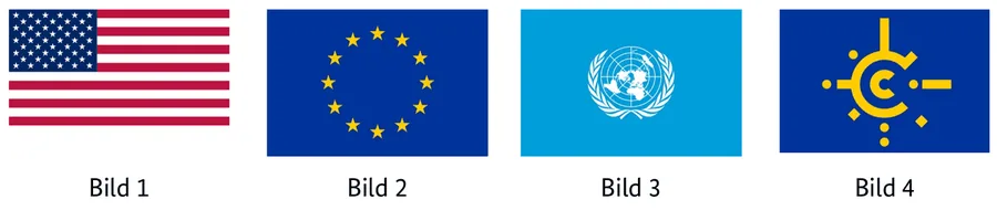 Abbildung zur Frage: Welche ist die Flagge der Europäischen Union? Vier Bilder, nummeriert von 1 bis 4.