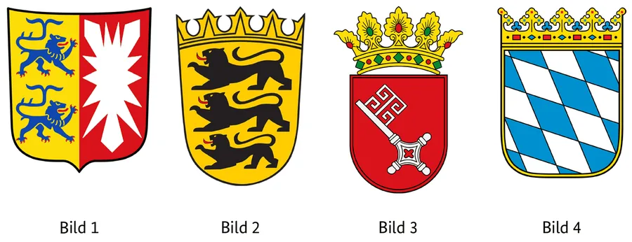 Abbildung zur Frage: Welches Wappen gehört zur Freien Hansestadt Bremen? Vier Bilder, nummeriert von 1 bis 4.