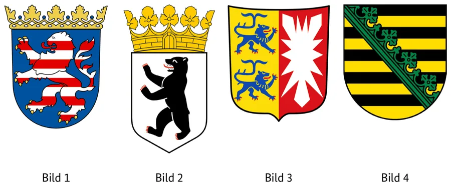 Abbildung zur Frage: Welches Wappen gehört zum Bundesland Hessen? Vier Bilder, nummeriert von 1 bis 4.