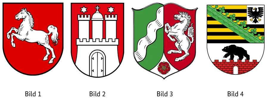 Abbildung zur Frage: Welches Wappen gehört zur Freien und Hansestadt Hamburg? Vier Bilder, nummeriert von 1 bis 4.