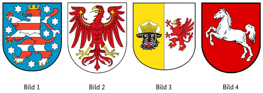 Abbildung zur Frage: Welches Wappen gehört zum Bundesland Mecklenburg-Vorpommern? Vier Bilder, nummeriert von 1 bis 4.