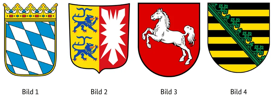 Abbildung zur Frage: Welches Wappen gehört zum Bundesland Niedersachsen? Vier Bilder, nummeriert von 1 bis 4.