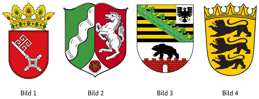 Abbildung zur Frage: Welches Wappen gehört zum Bundesland Nordrhein-Westfalen? Vier Bilder, nummeriert von 1 bis 4.