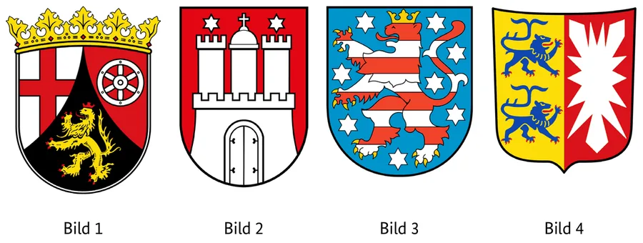 Abbildung zur Frage: Welches Wappen gehört zum Bundesland Rheinland-Pfalz? Vier Bilder, nummeriert von 1 bis 4.