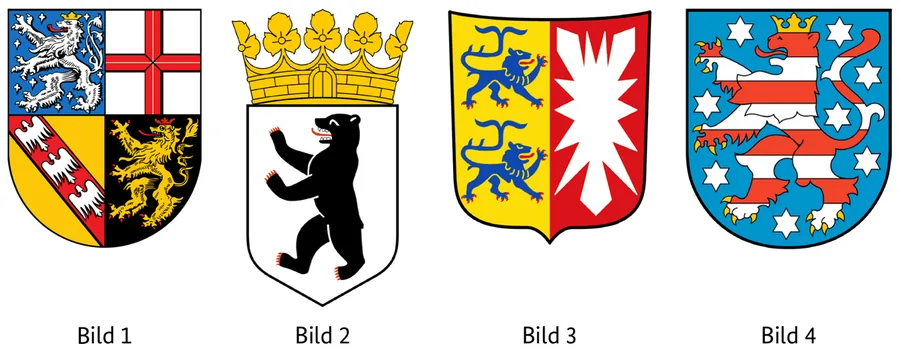 Abbildung zur Frage: Welches Wappen gehört zum Bundesland Schleswig-Holstein? Vier Bilder, nummeriert von 1 bis 4.