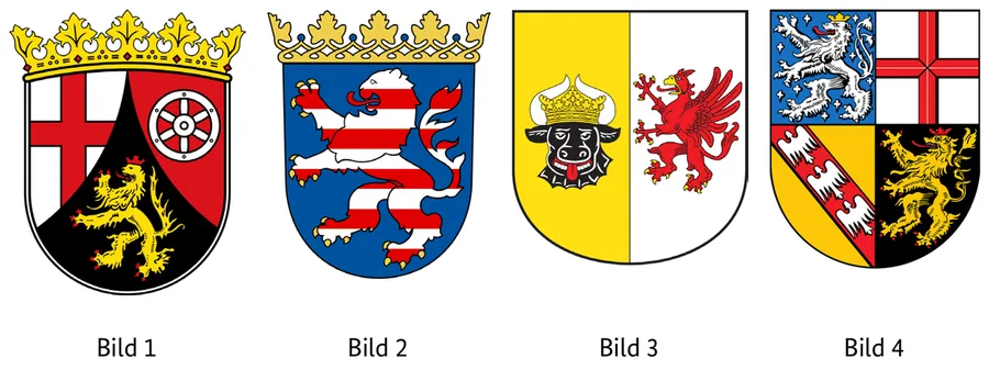 Abbildung zur Frage: Welches Wappen gehört zum Bundesland Saarland? Vier Bilder, nummeriert von 1 bis 4.