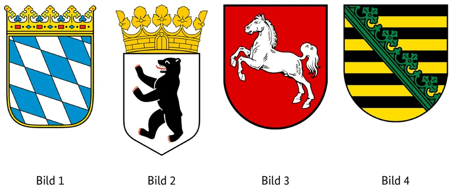 Abbildung zur Frage: Welches Wappen gehört zum Freistaat Sachsen? Vier Bilder, nummeriert von 1 bis 4.