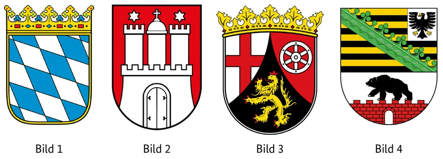Abbildung zur Frage: Welches Wappen gehört zum Bundesland Sachsen-Anhalt? Vier Bilder, nummeriert von 1 bis 4.