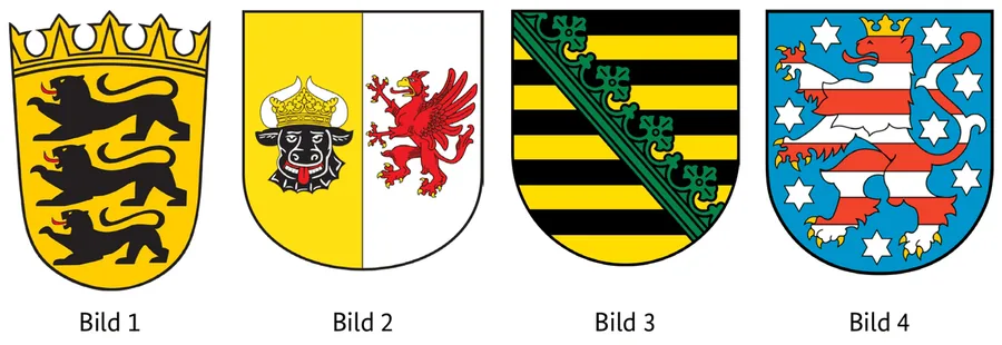 Abbildung zur Frage: Welches Wappen gehört zum Freistaat Thüringen? Vier Bilder, nummeriert von 1 bis 4.