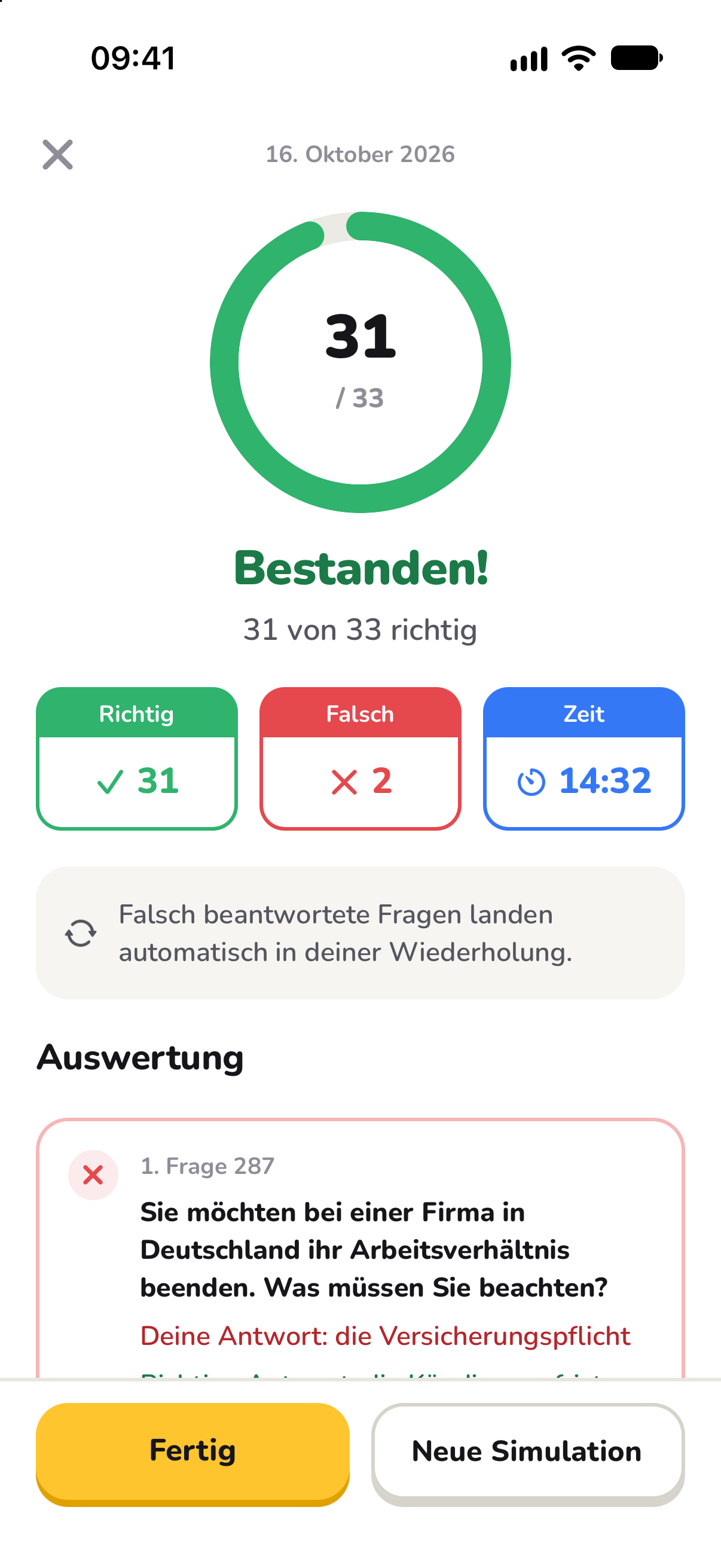 Auswertung einer Prüfungssimulation mit richtigen und falschen Antworten und benötigter Zeit
