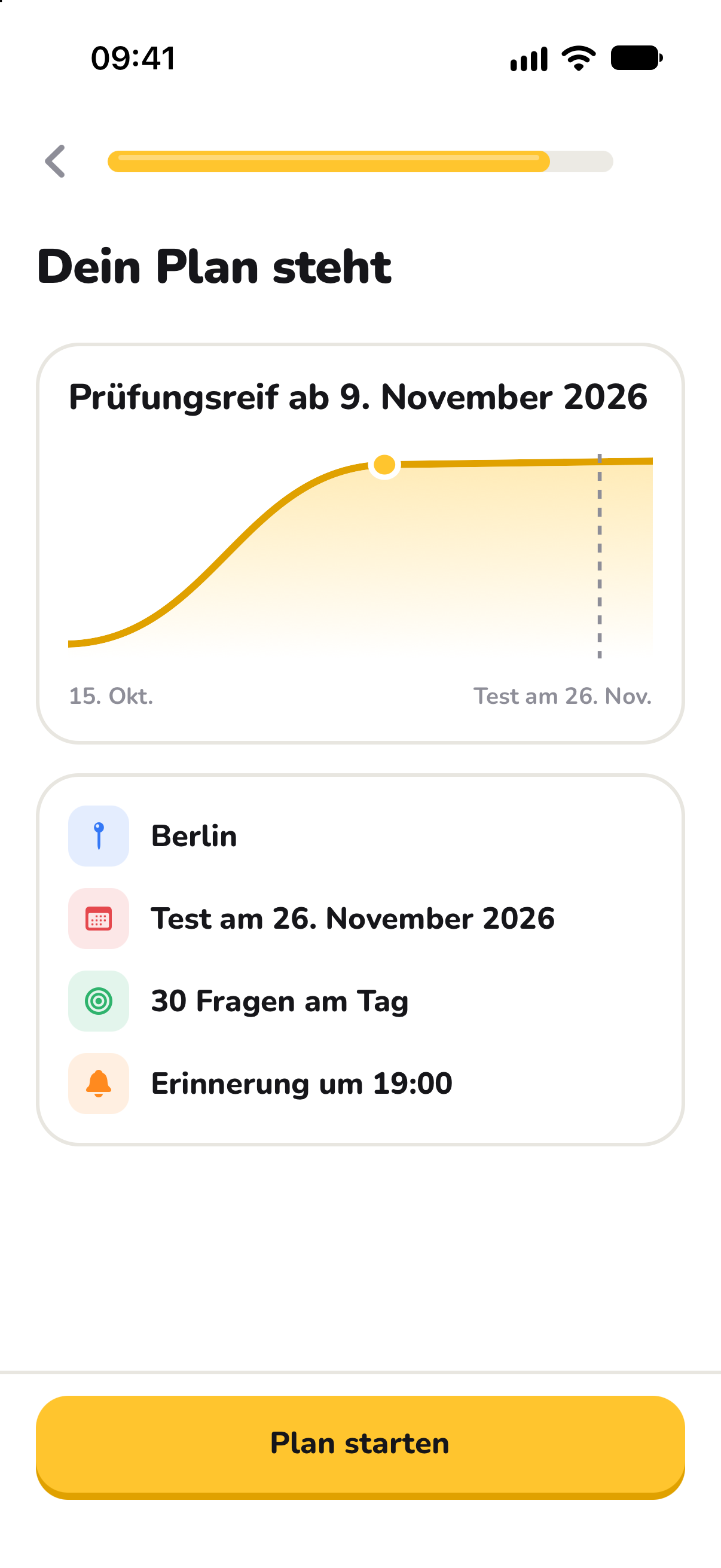 Persönlicher Lernplan mit Testtermin, Bundesland, Tagesziel und Erinnerung