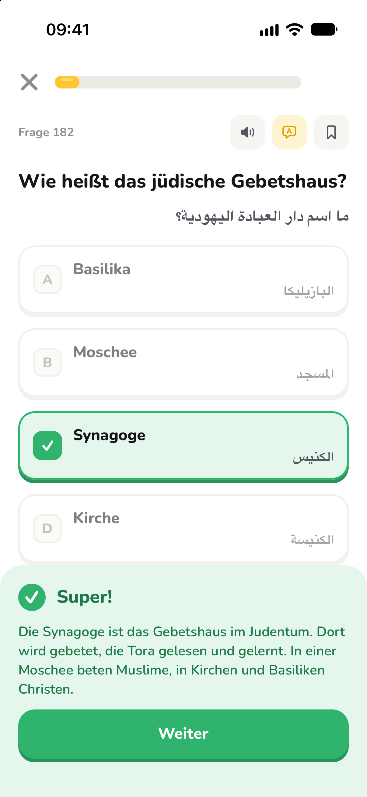 Eine Prüfungsfrage mit Übersetzung, richtiger Antwort und Erklärung